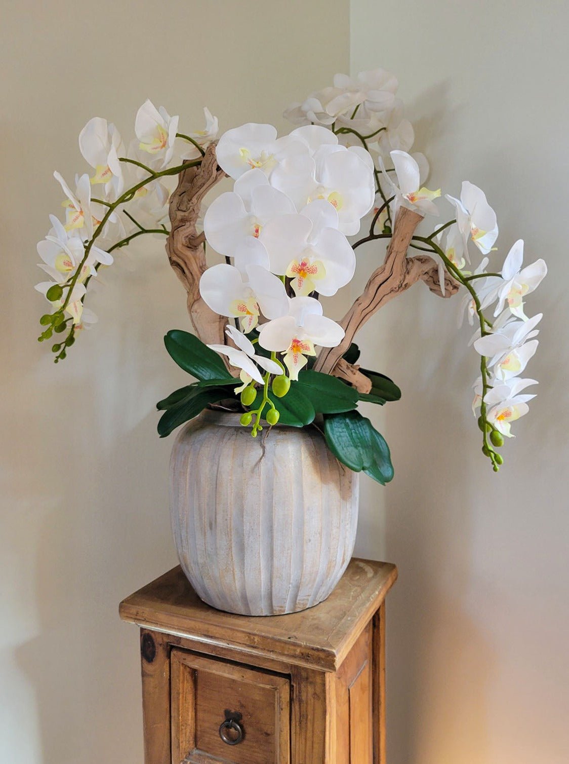 Artificial White Orchid Arrangement in Ceramic Vase - Mossy Moss by Olia