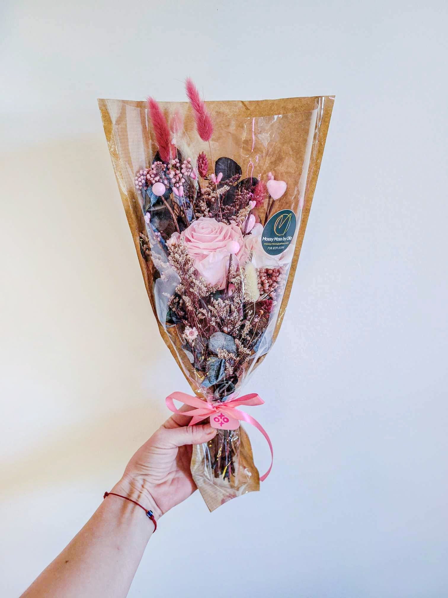 Preserved Rose Bouquet with Hearts – Timeless Floral Gift for Valentine's Day, Mother's Day, and More - Mossy Moss by Olia