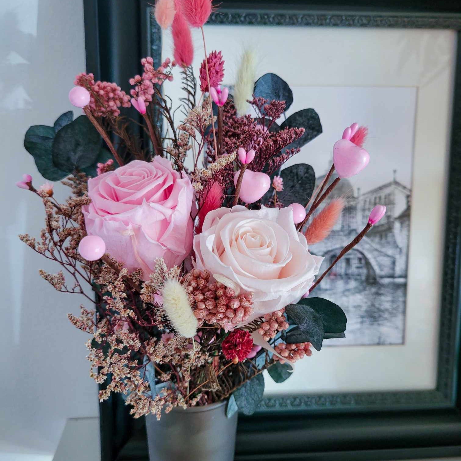 Preserved Rose Bouquet with Hearts – Timeless Floral Gift for Valentine's Day, Mother's Day, and More - Mossy Moss by Olia
