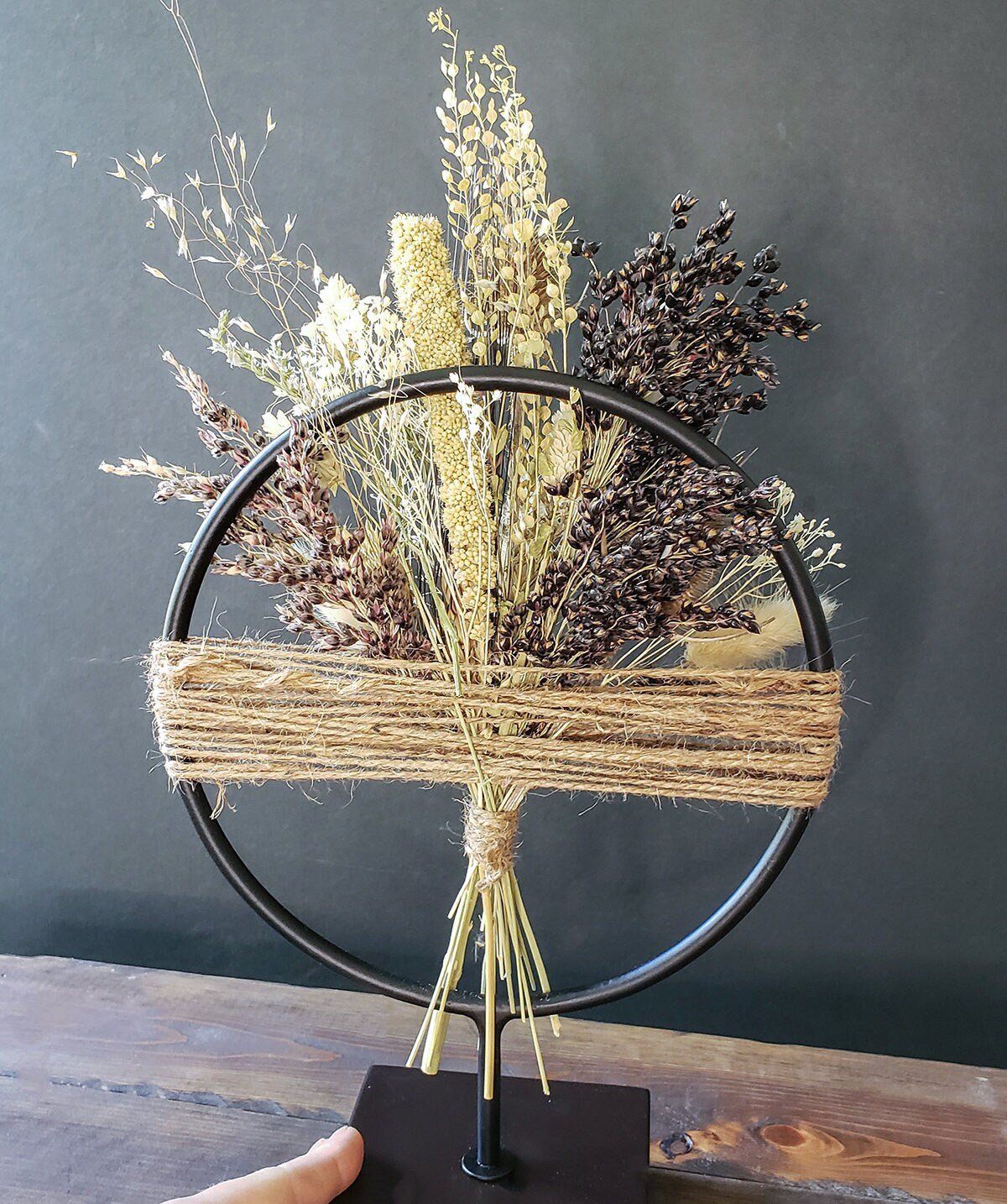 Dried Flower Hoop on Black Metal Stand - Mossy Moss by Olia