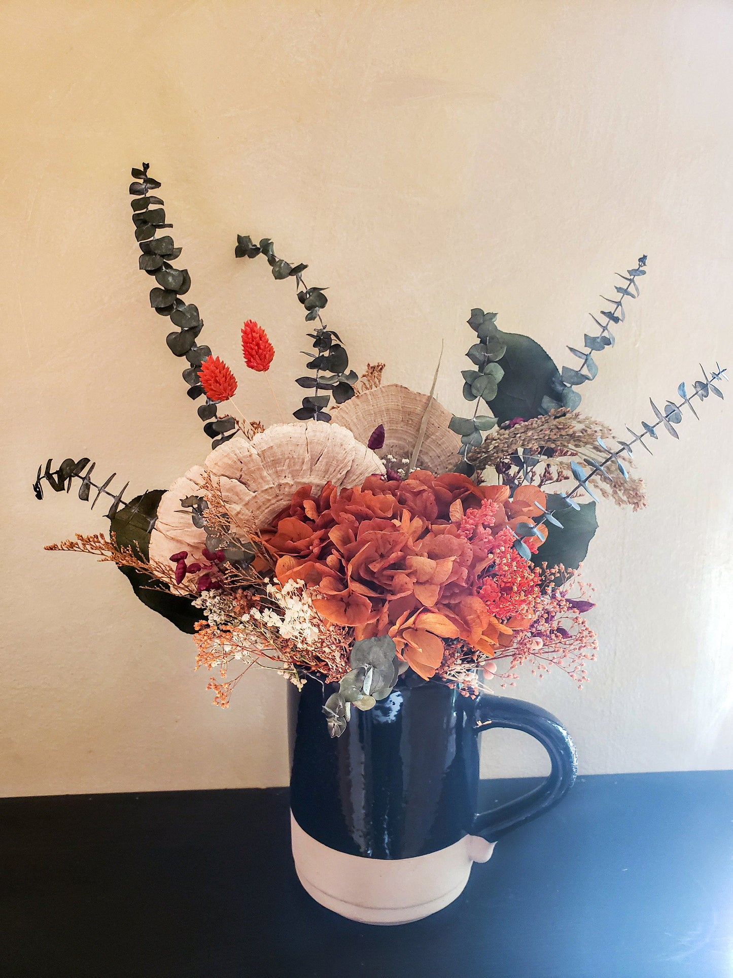 Dried Flowers Fall Bouquet made out of preserved Hydrangeas, Eucalyptus and Mushrooms - Mossy Moss by Olia