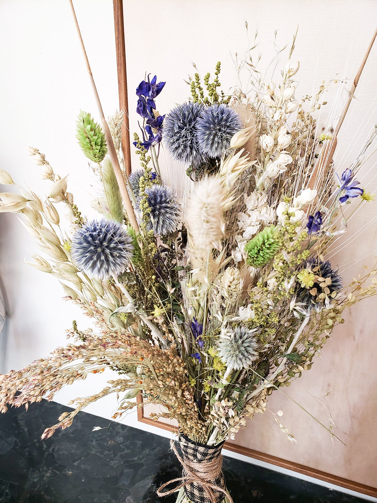Dried Boho Flower Bouquet made out of Ornamental Grass & Blue Globe Thistles