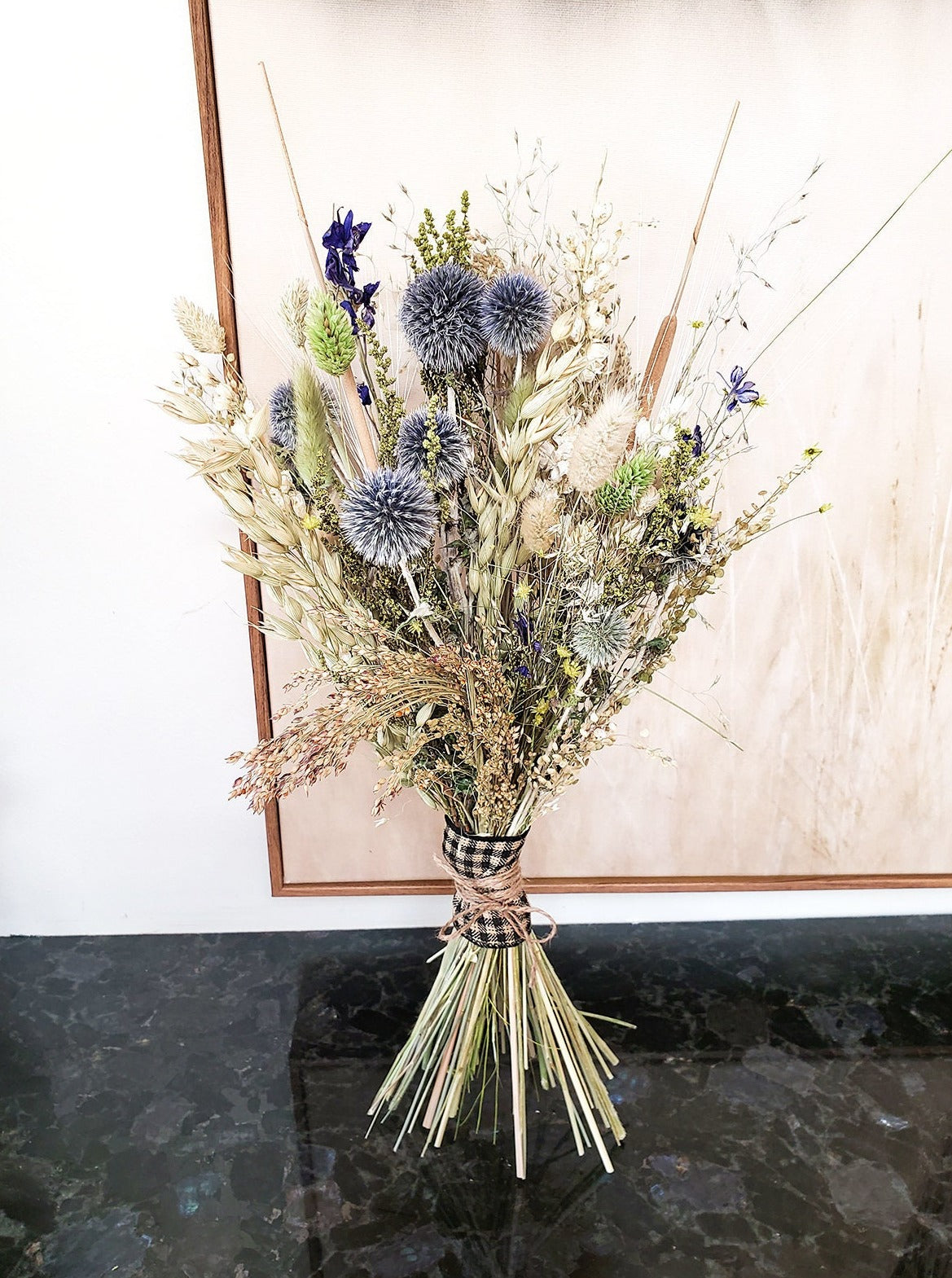 Dried Boho Flower Bouquet made out of Ornamental Grass & Blue Globe Thistles