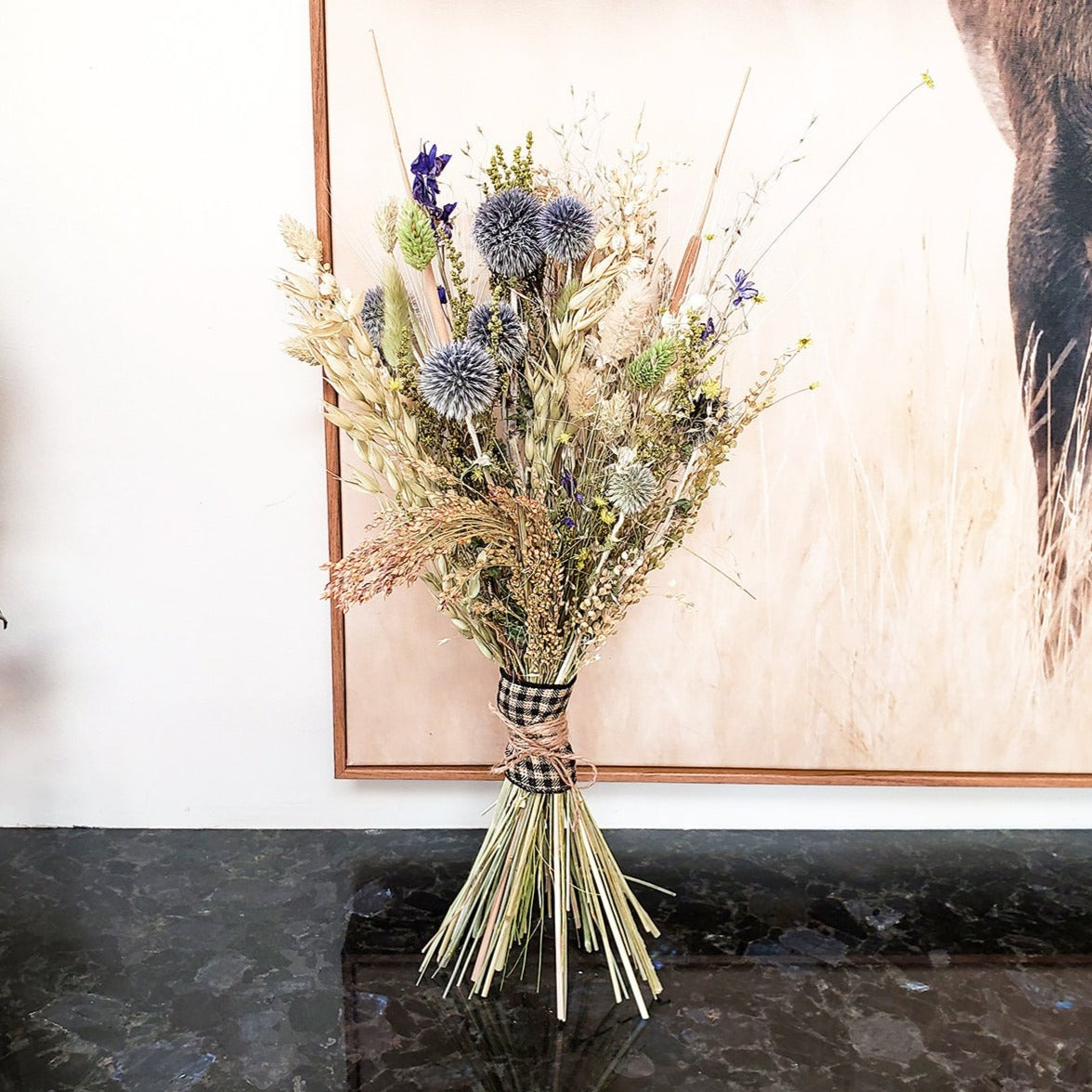 Dried Boho Flower Bouquet made out of Ornamental Grass & Blue Globe Th –  Mossy Moss by Olia