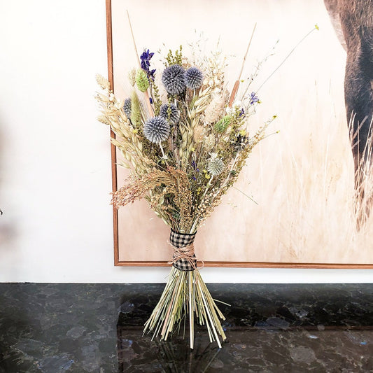 Dried Boho Flower Bouquet made out of Ornamental Grass & Blue Globe Thistles