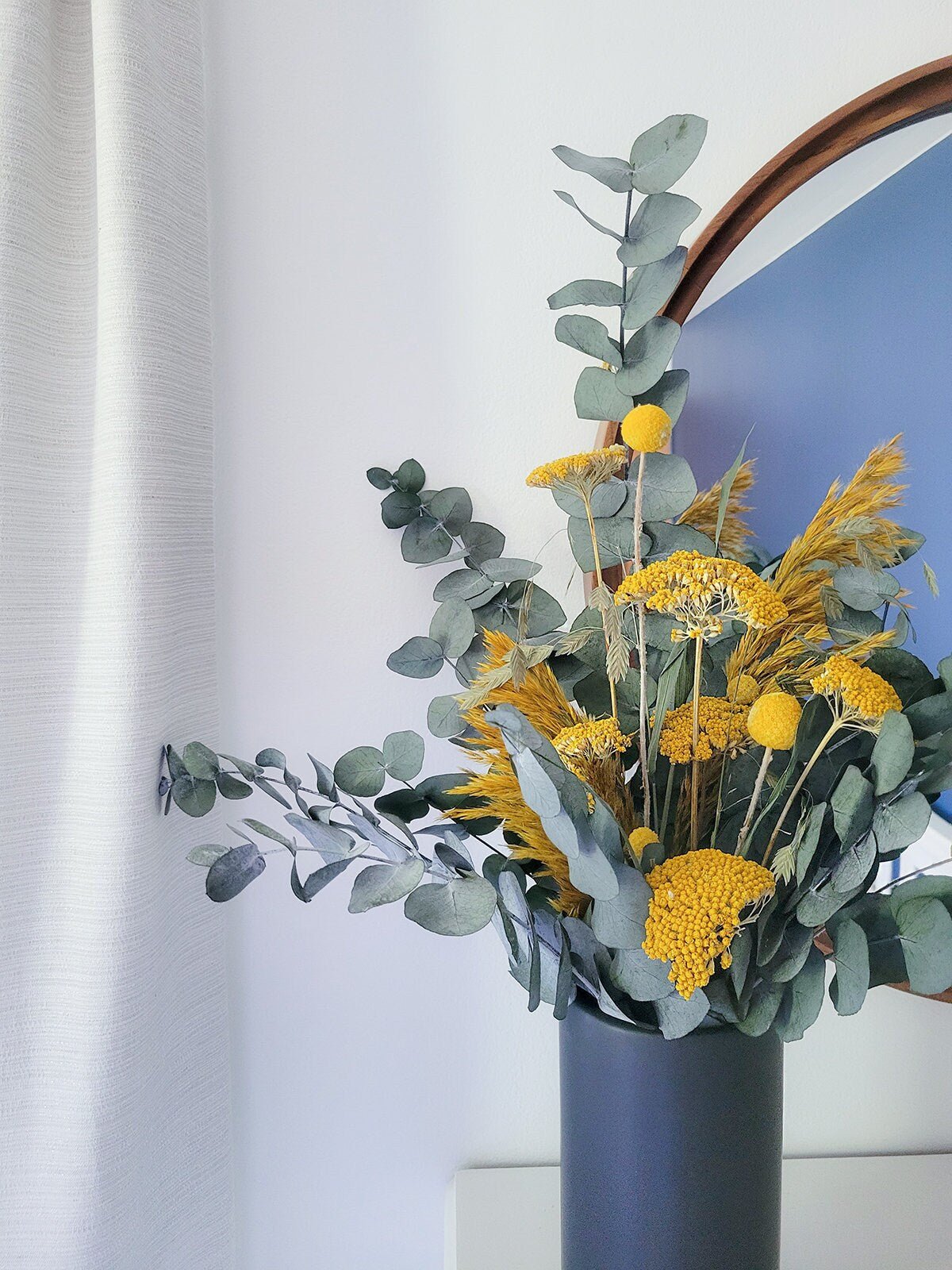 Preserved Blue, Yellow Eucalyptus Yarrow & Billy Balls Bouquet - Mossy Moss by Olia