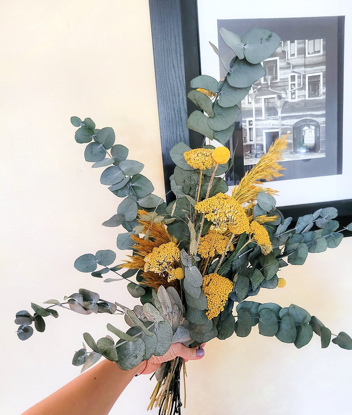 Preserved Blue, Yellow Eucalyptus Yarrow & Billy Balls Bouquet - Mossy Moss by Olia