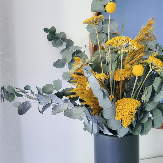 Preserved Blue, Yellow Eucalyptus Yarrow & Billy Balls Bouquet - Mossy Moss by Olia
