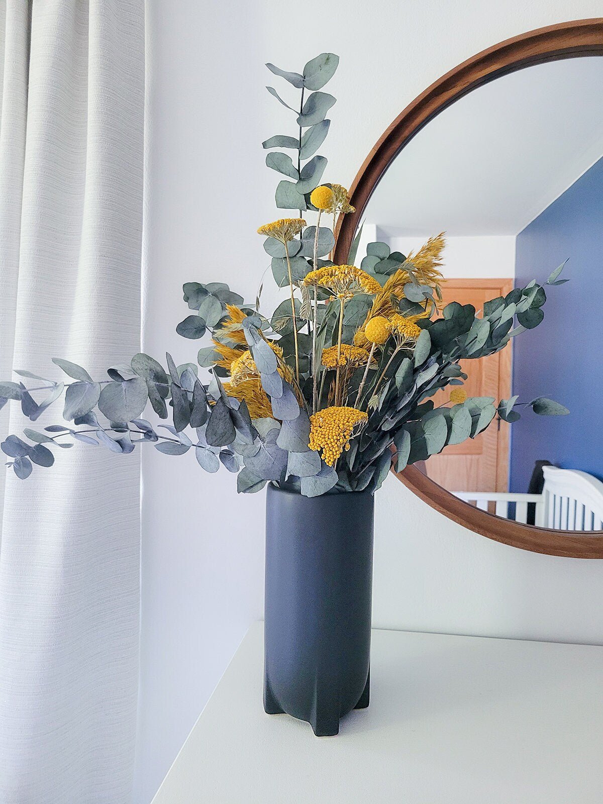 Preserved Blue, Yellow Eucalyptus Yarrow & Billy Balls Bouquet - Mossy Moss by Olia