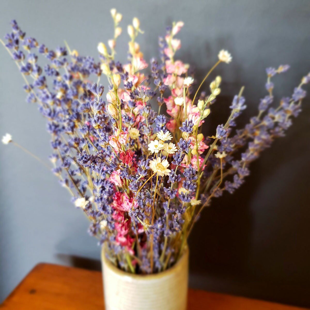 Small Dried Lavender Bouquet with Larkspur or Billy Balls - Mossy Moss by Olia