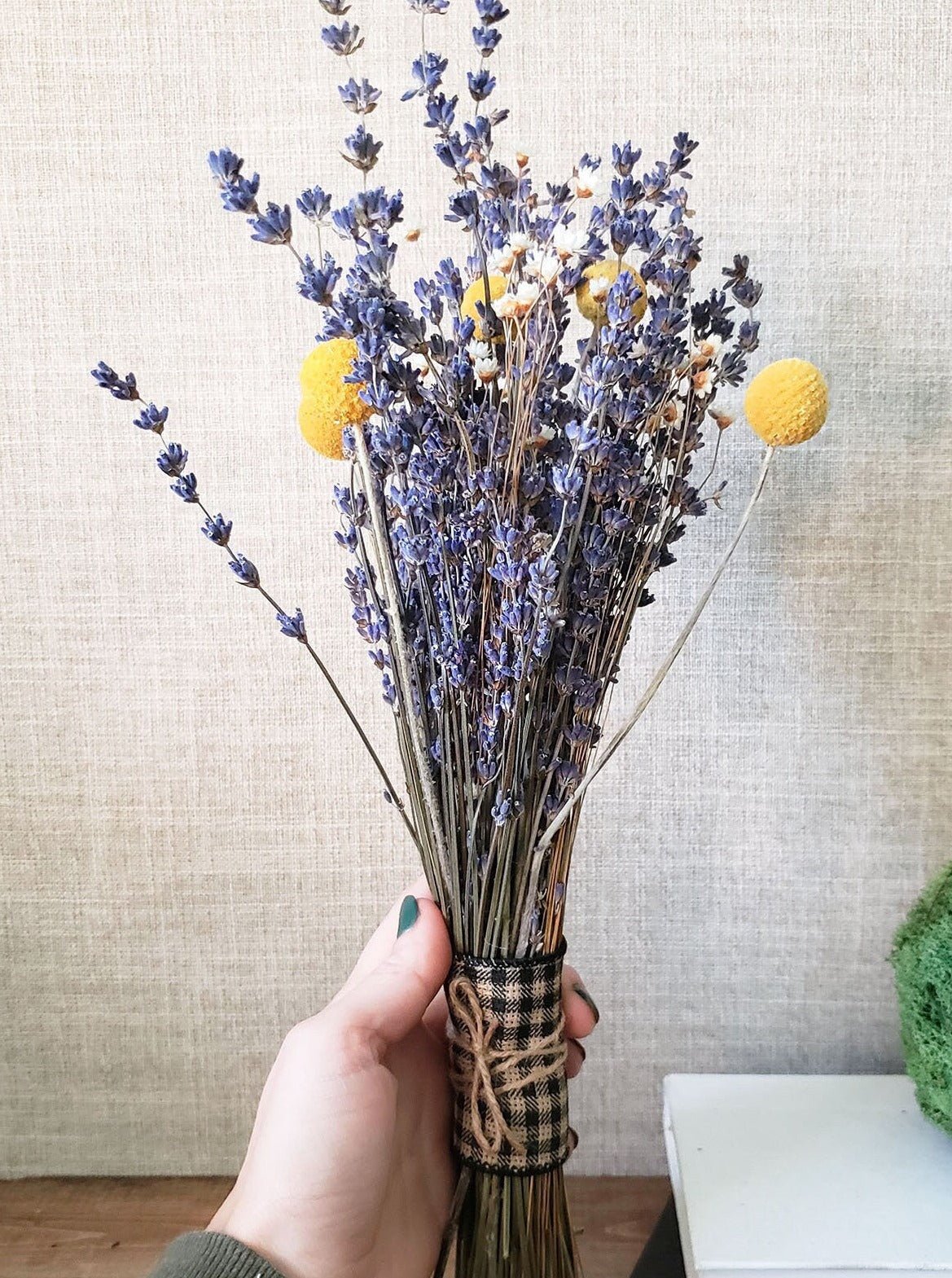 Small Dried Lavender Bouquet with Larkspur or Billy Balls - Mossy Moss by Olia
