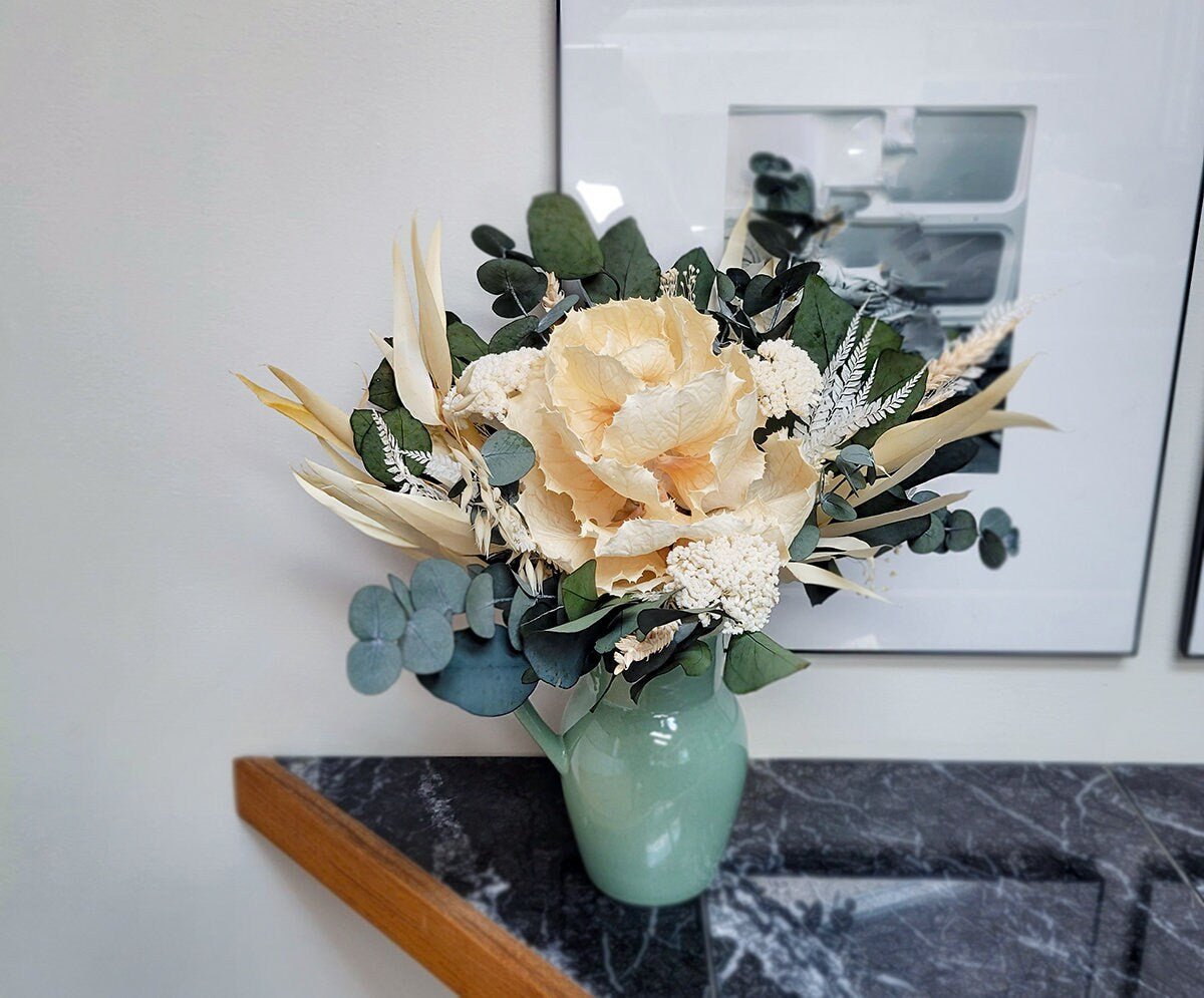 Winter Bouquet Bleached King Flower Protea Eucalyptus - Mossy Moss by Olia