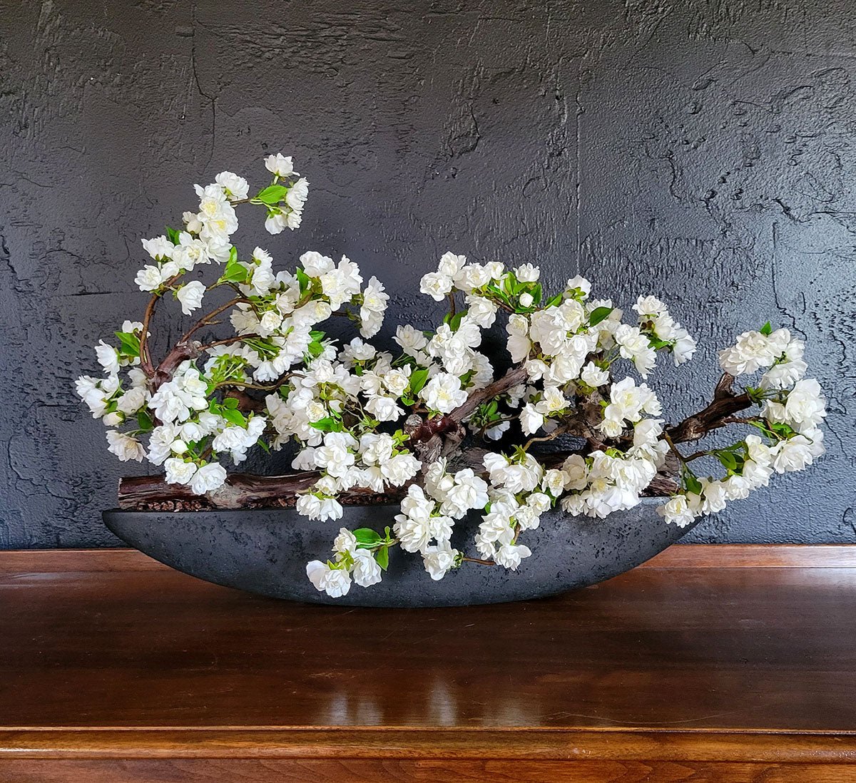 Artificial Real Touch White Cherry Blossom in Black Boat Vase - Mossy Moss by Olia