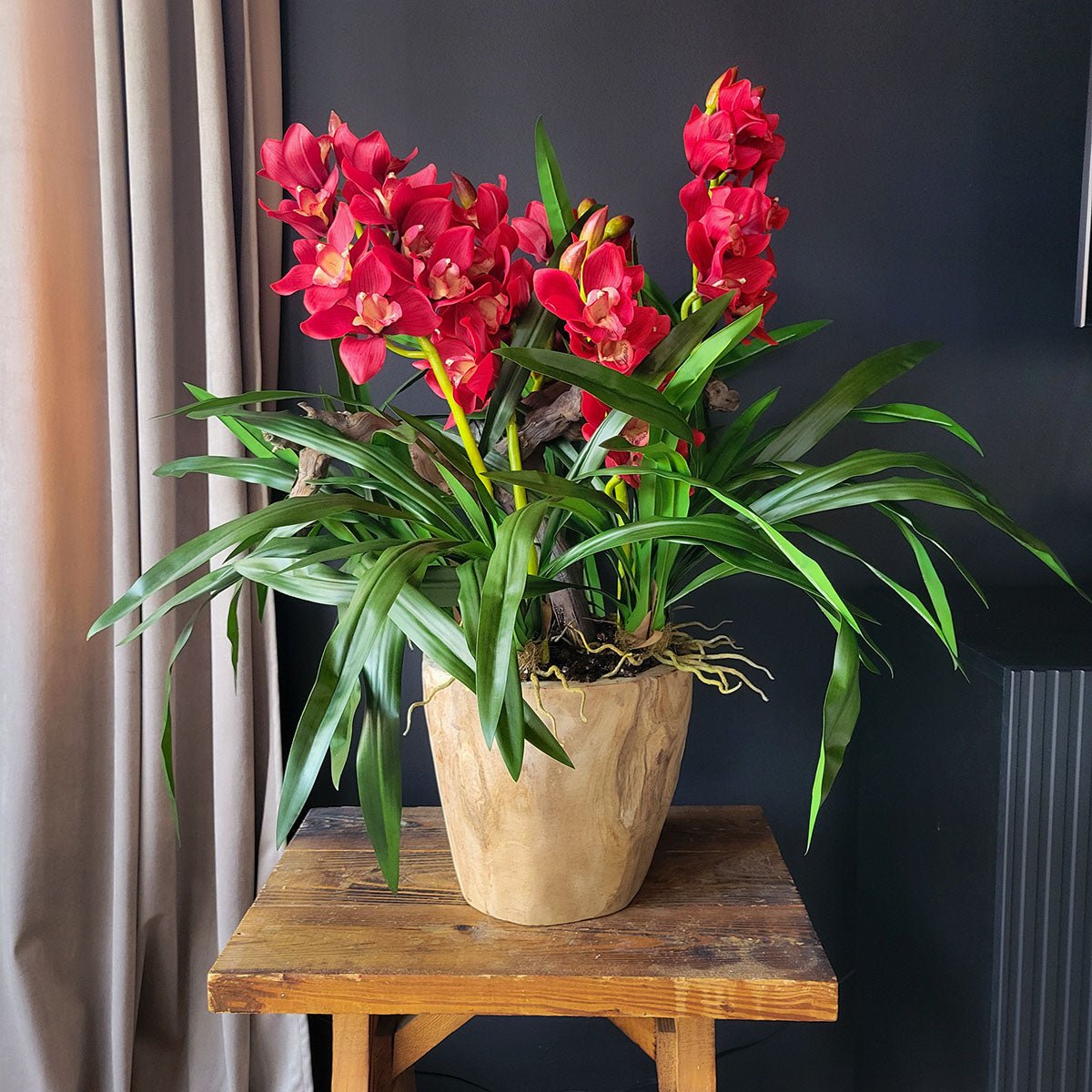 Artificial Red Cymbidium Orchids in hand - carved wooden pot - Mossy Moss by Olia