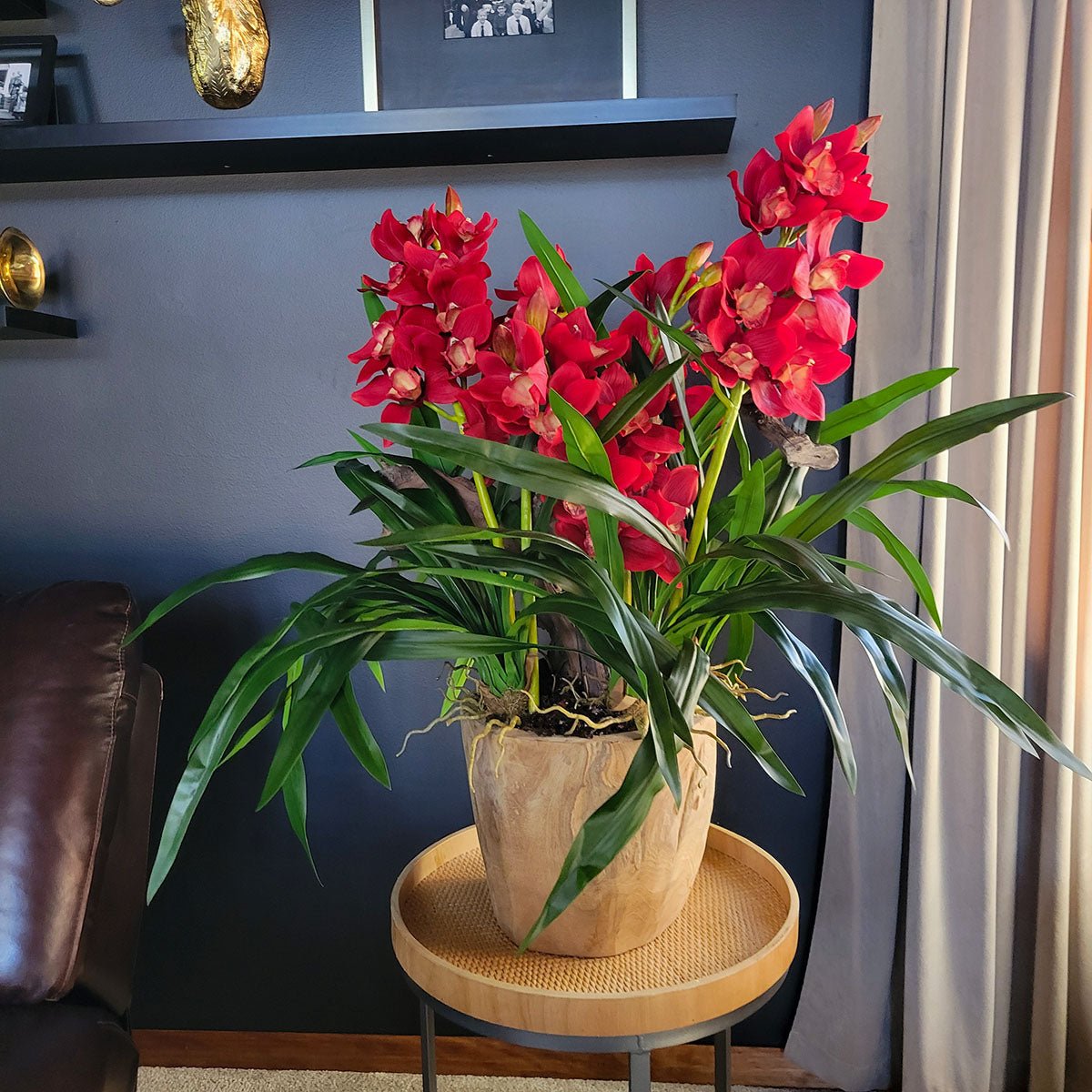 Artificial Red Cymbidium Orchids in hand - carved wooden pot - Mossy Moss by Olia