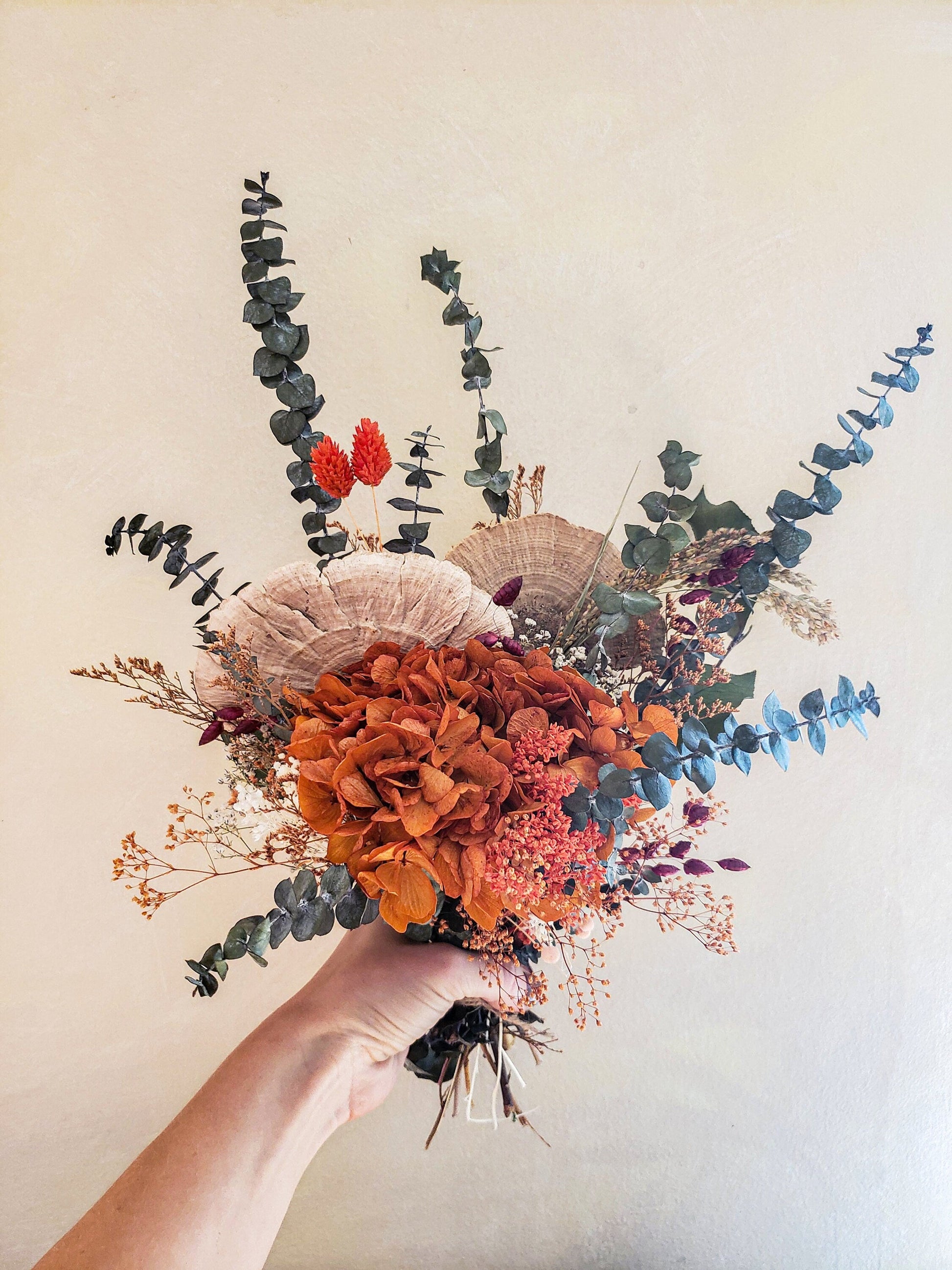 Dried Flowers Fall Bouquet made out of preserved Hydrangeas, Eucalyptus and Mushrooms - Mossy Moss by Olia