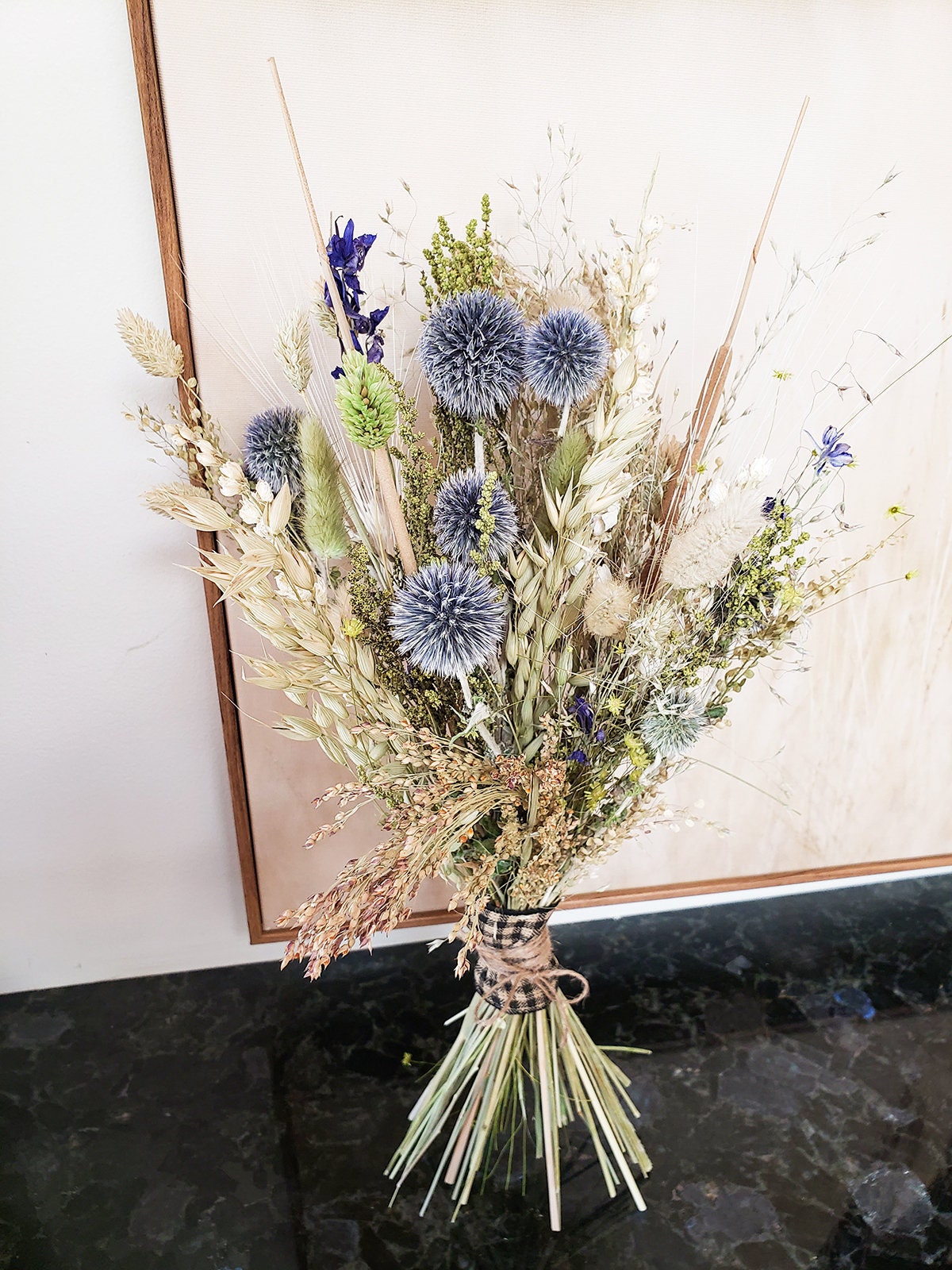Dried Boho Flower Bouquet made out of Ornamental Grass & Blue Globe Thistles