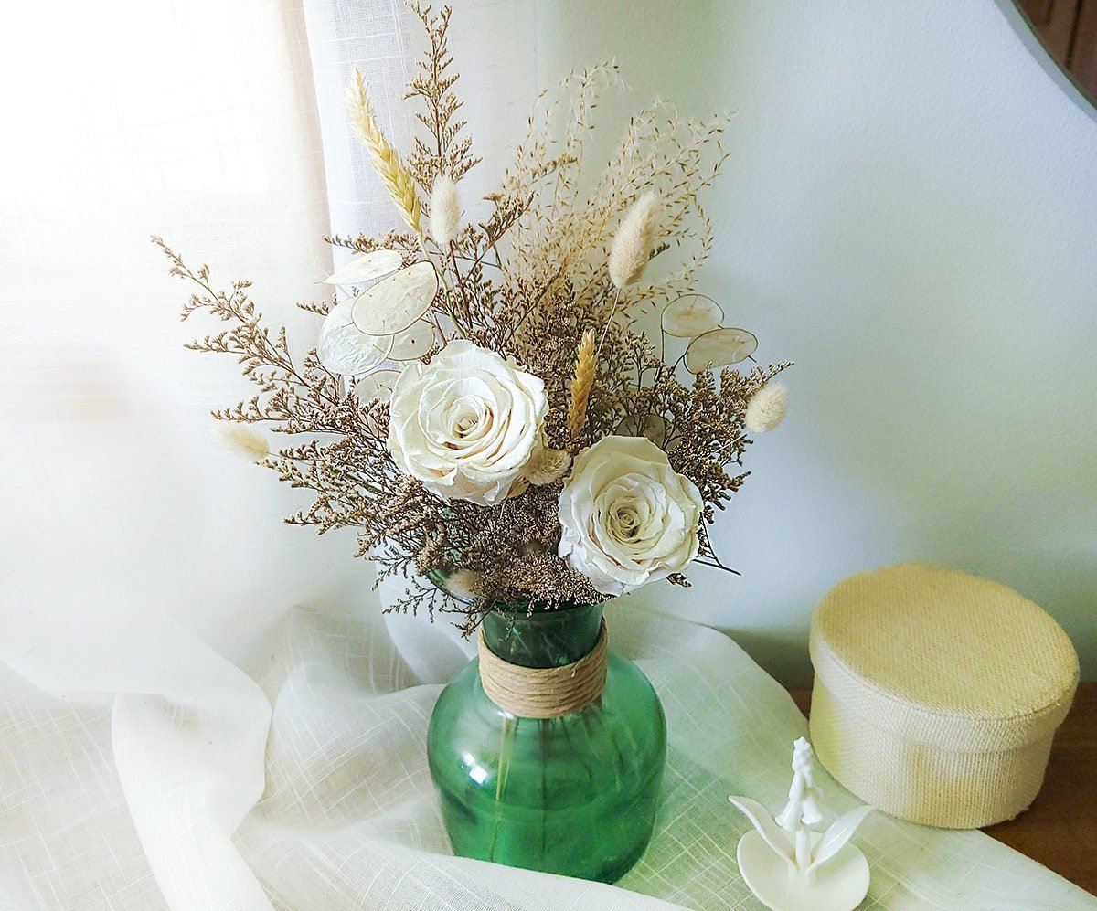 Neutral White Beige Preserved Flower Bouquet - Mossy Moss by Olia