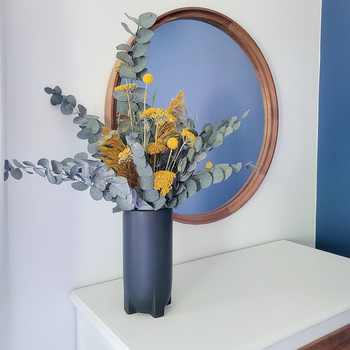 Preserved Blue, Yellow Eucalyptus Yarrow & Billy Balls Bouquet - Mossy Moss by Olia