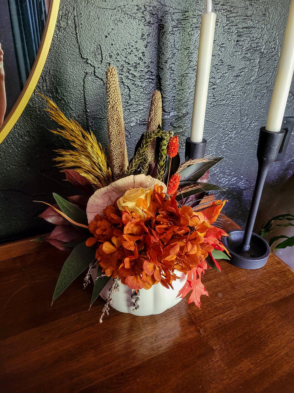 Preserved Fall Bouquet in White Pumpkin Vase - Mossy Moss by Olia