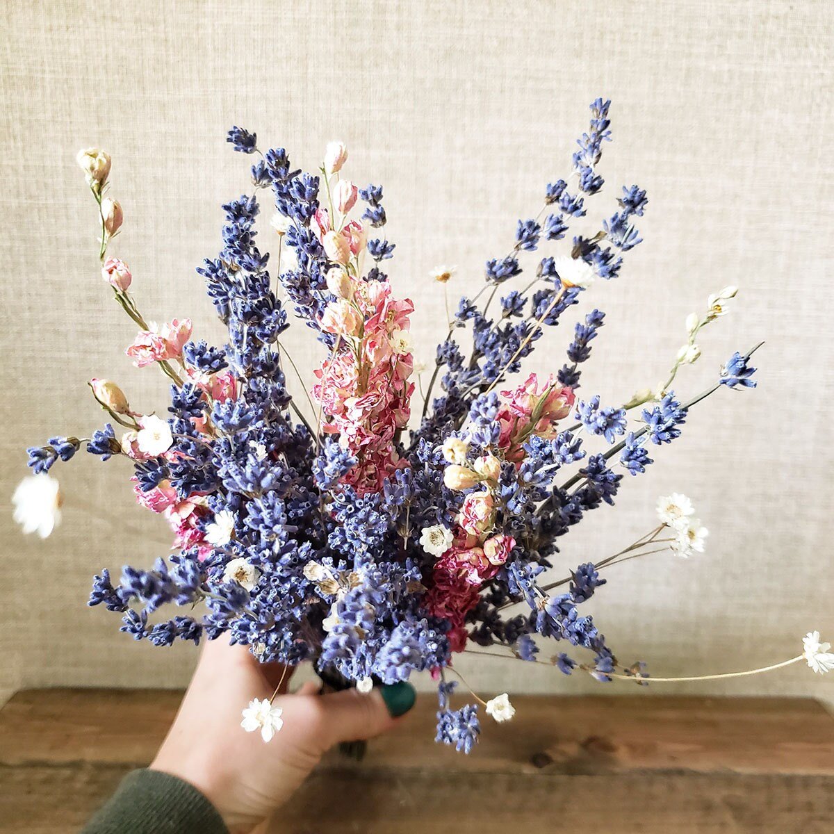 Small Dried Lavender Bouquet with Larkspur or Billy Balls - Mossy Moss by Olia